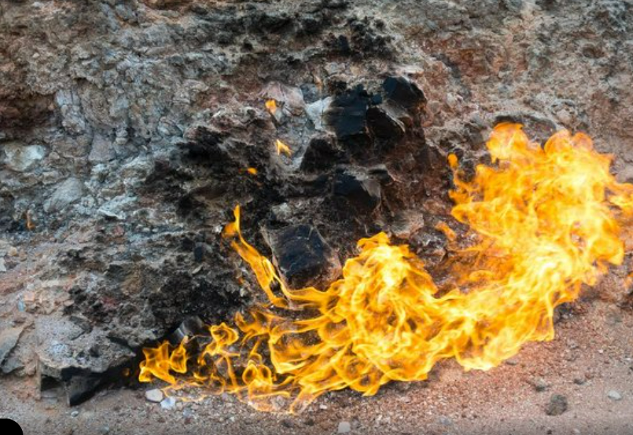 View of the Absheron natural fire spots surrounded by rocky terrain